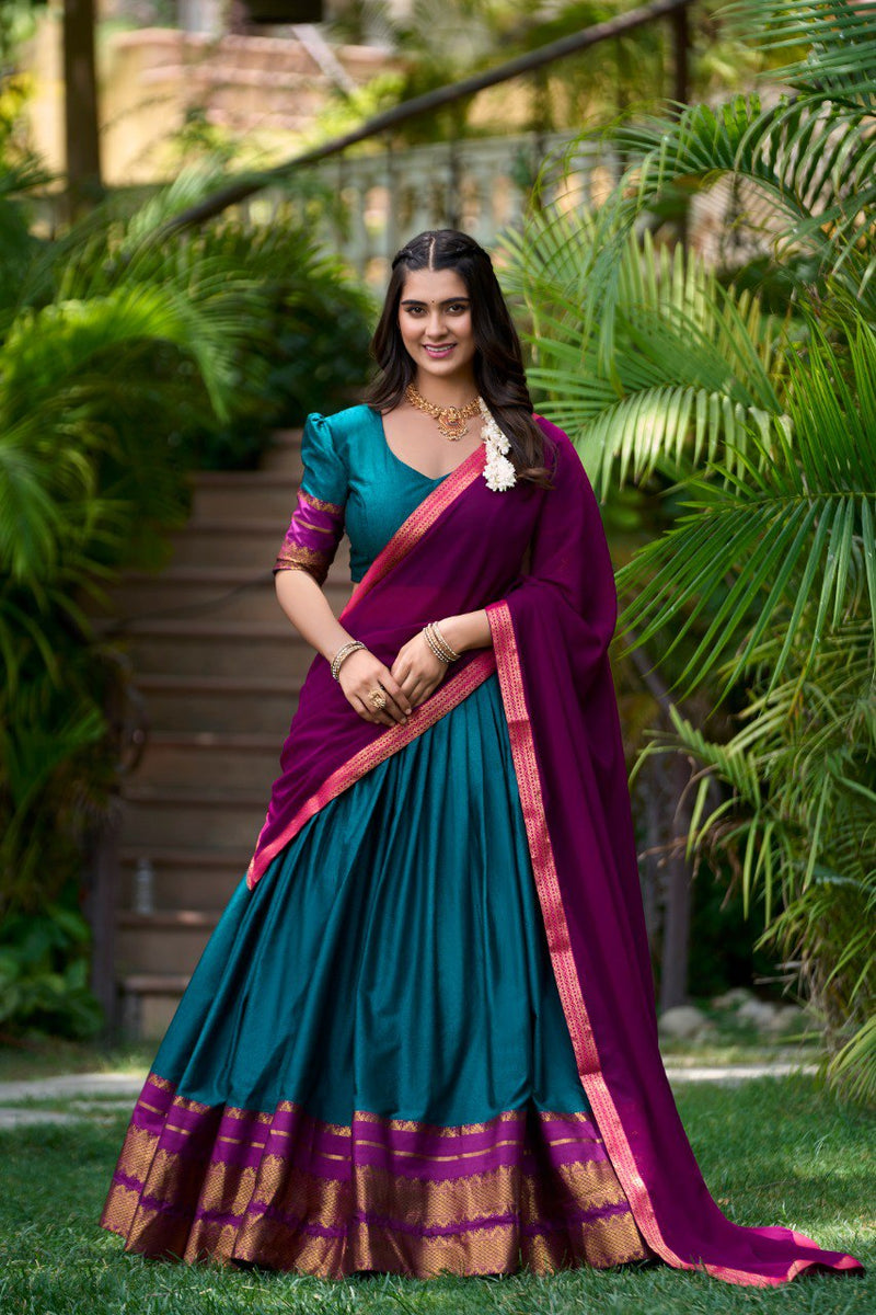 Teal Blue South Style Poly Cotton Half Saree – A Timeless Bl