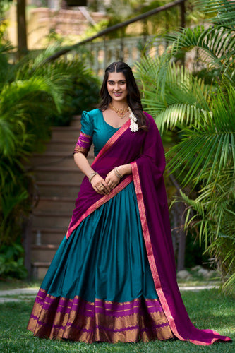 Teal Blue South Style Poly Cotton Half Saree – A Timeless Blend of Tradition & Elegance