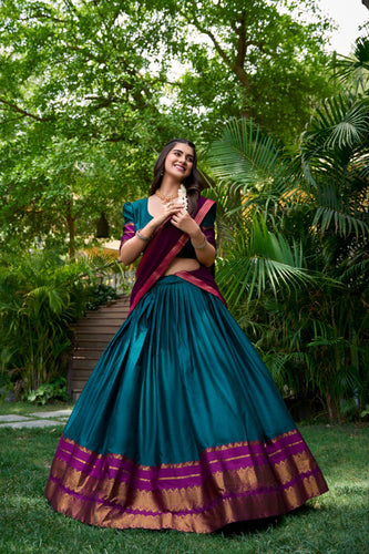Teal Blue South Style Poly Cotton Half Saree – A Timeless Blend of Tradition & Elegance