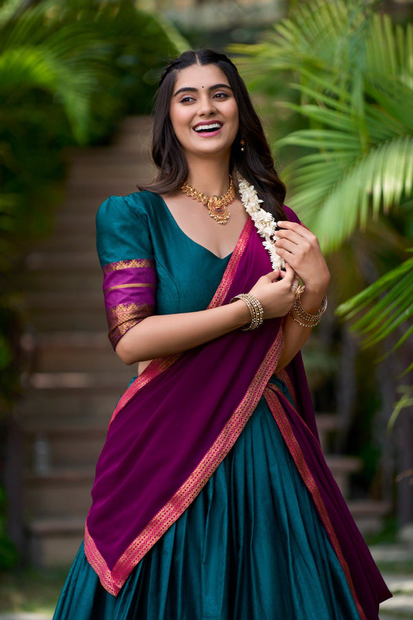 Teal Blue South Style Poly Cotton Half Saree – A Timeless Blend of Tradition & Elegance