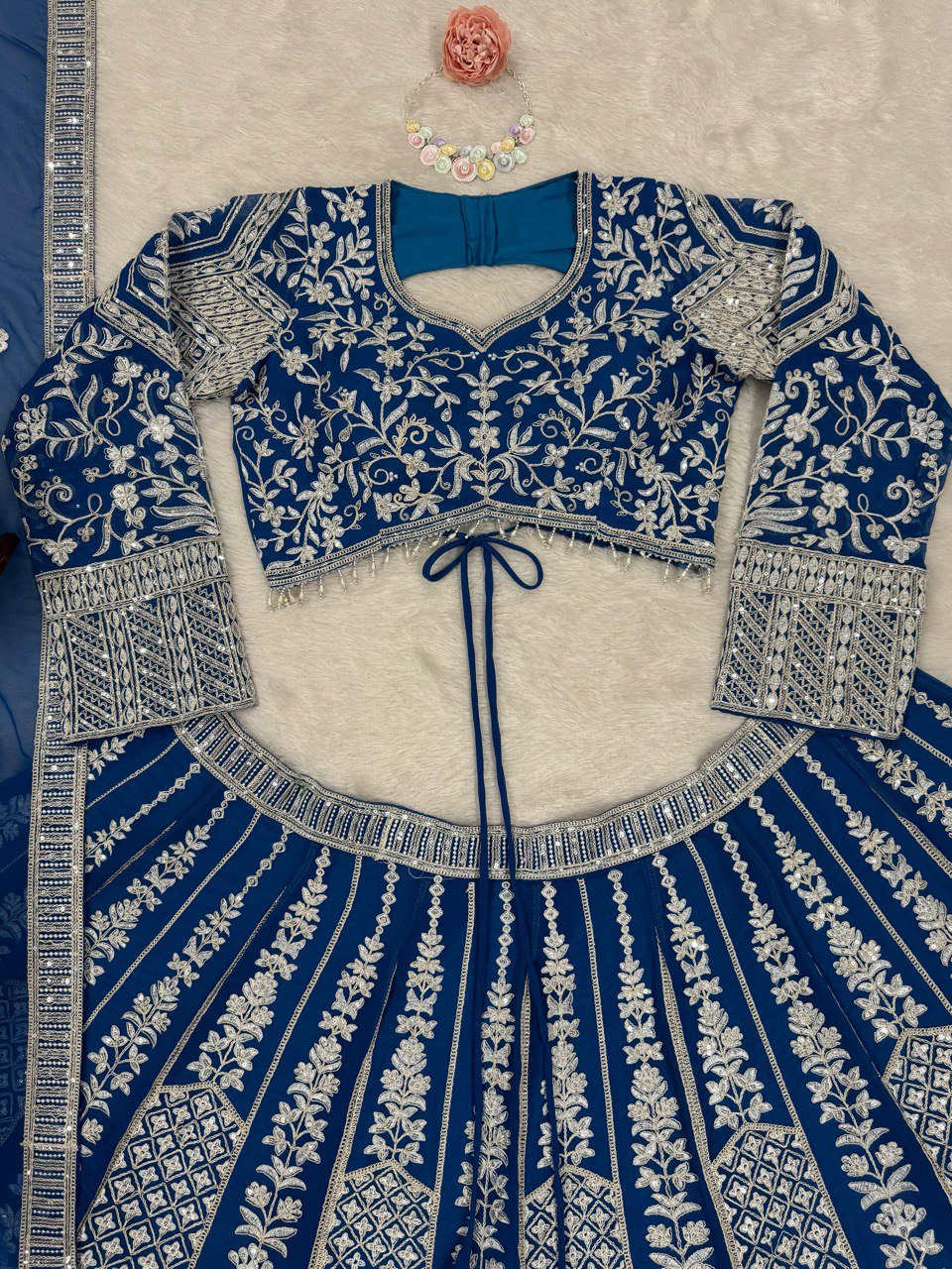 Teal Blue Stunning Faux Georgette Semi-Stitched Lehenga Choli Set with Cording Dori & Sequin Work ClothsVilla