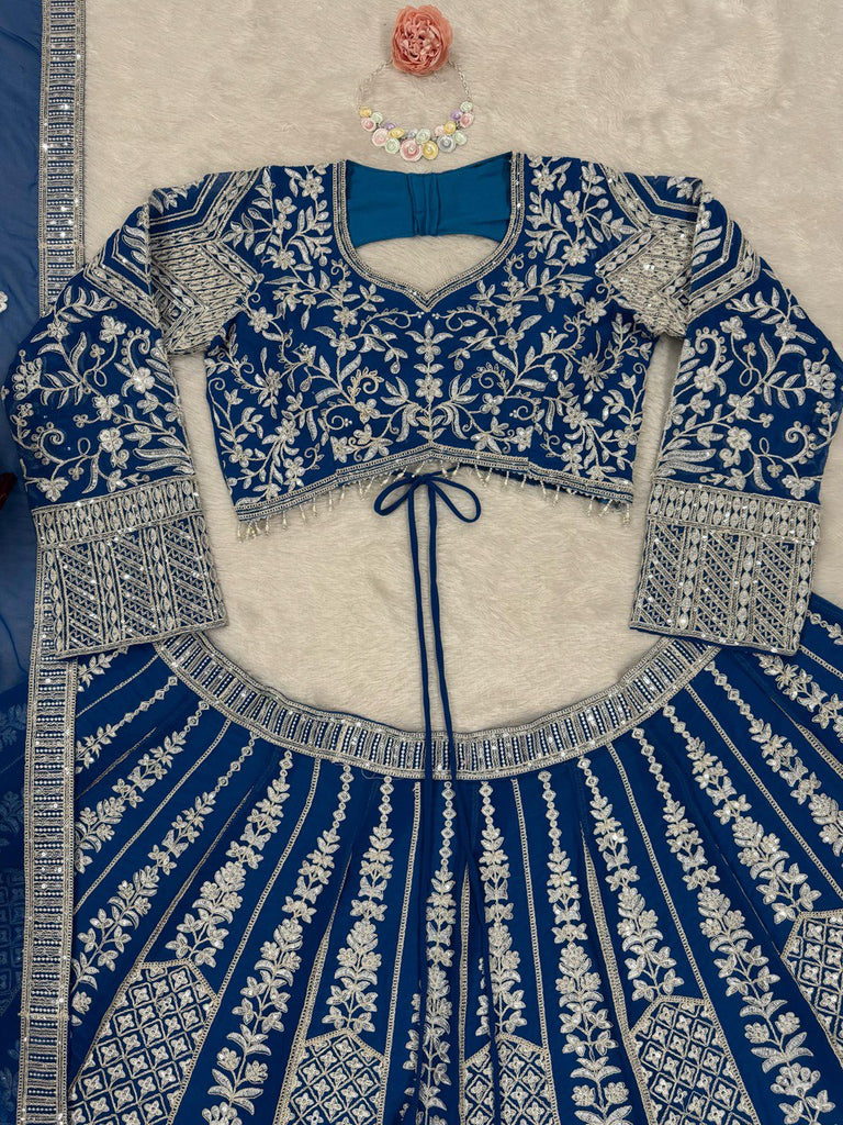 Teal Blue Stunning Faux Georgette Semi-Stitched Lehenga Choli Set with Cording Dori & Sequin Work ClothsVilla