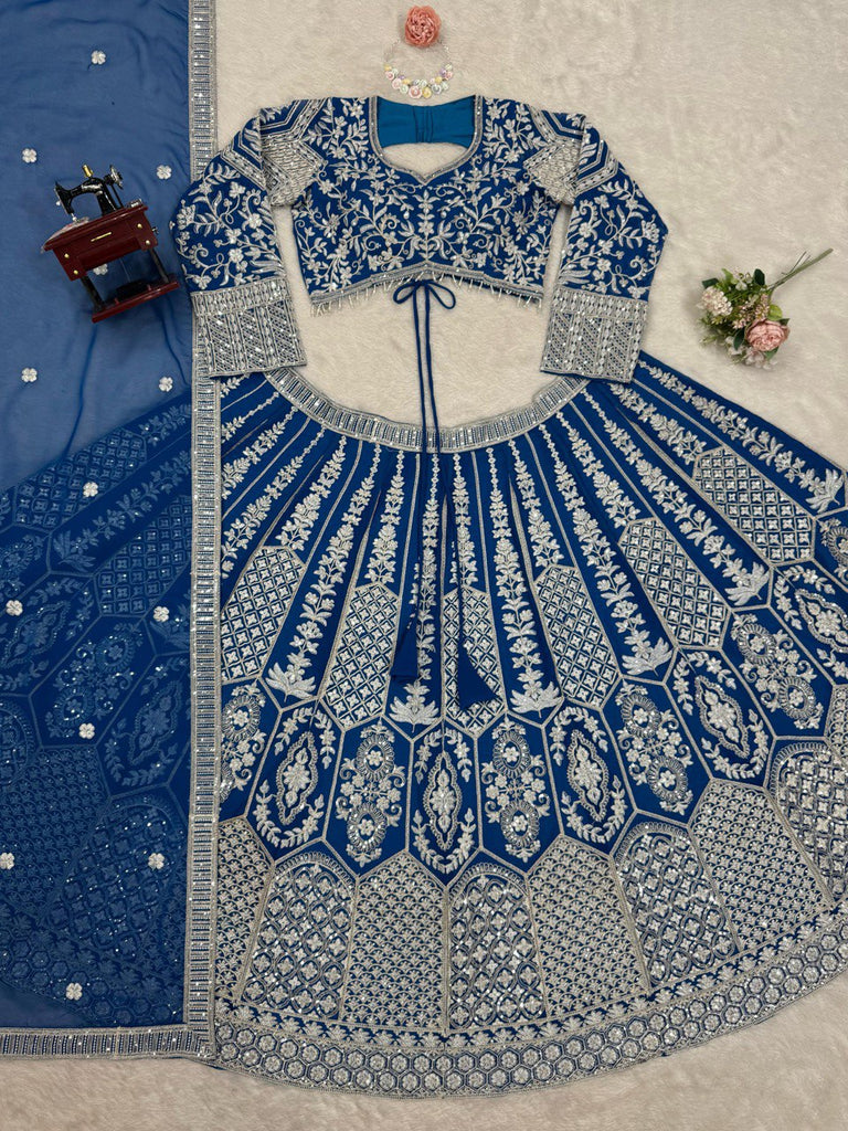 Teal Blue Stunning Faux Georgette Semi-Stitched Lehenga Choli Set with Cording Dori & Sequin Work ClothsVilla
