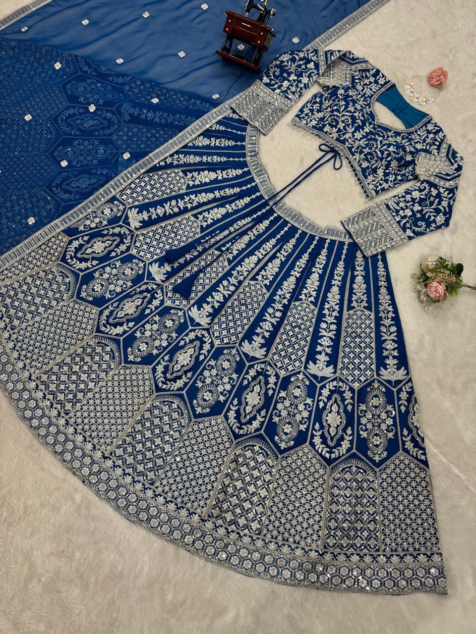 Teal Blue Stunning Faux Georgette Semi-Stitched Lehenga Choli Set with Cording Dori & Sequin Work ClothsVilla