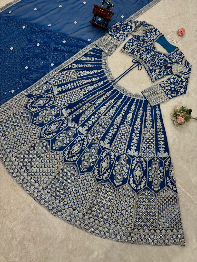 Teal Blue Stunning Faux Georgette Semi-Stitched Lehenga Choli Set with Cording Dori & Sequin Work ClothsVilla