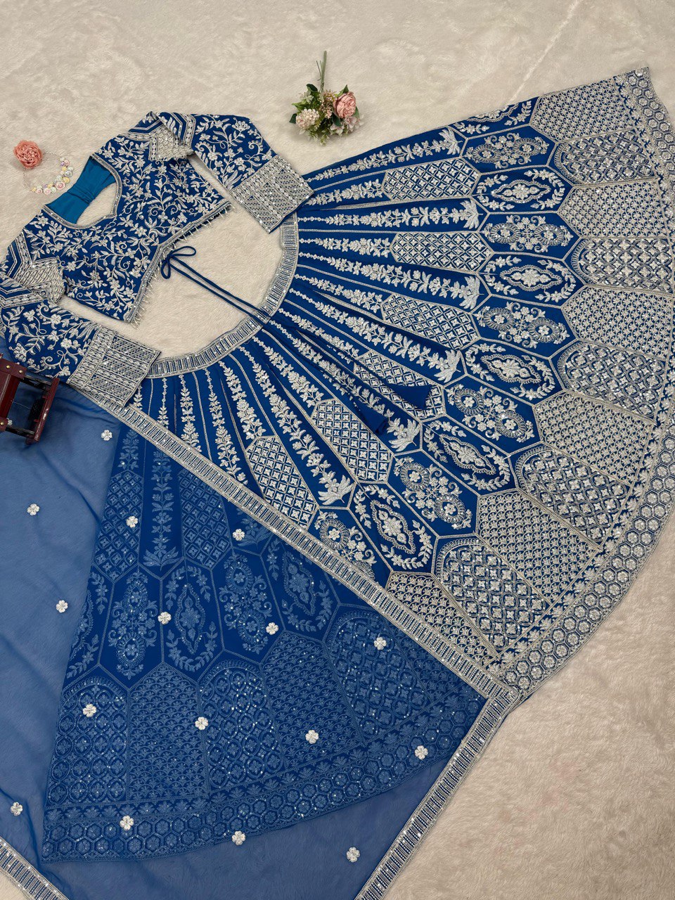 Teal Blue Stunning Faux Georgette Semi-Stitched Lehenga Choli Set with Cording Dori & Sequin Work ClothsVilla