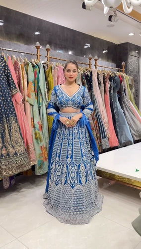 Teal Blue Stunning Faux Georgette Semi-Stitched Lehenga Choli Set with Cording Dori & Sequin Work ClothsVilla