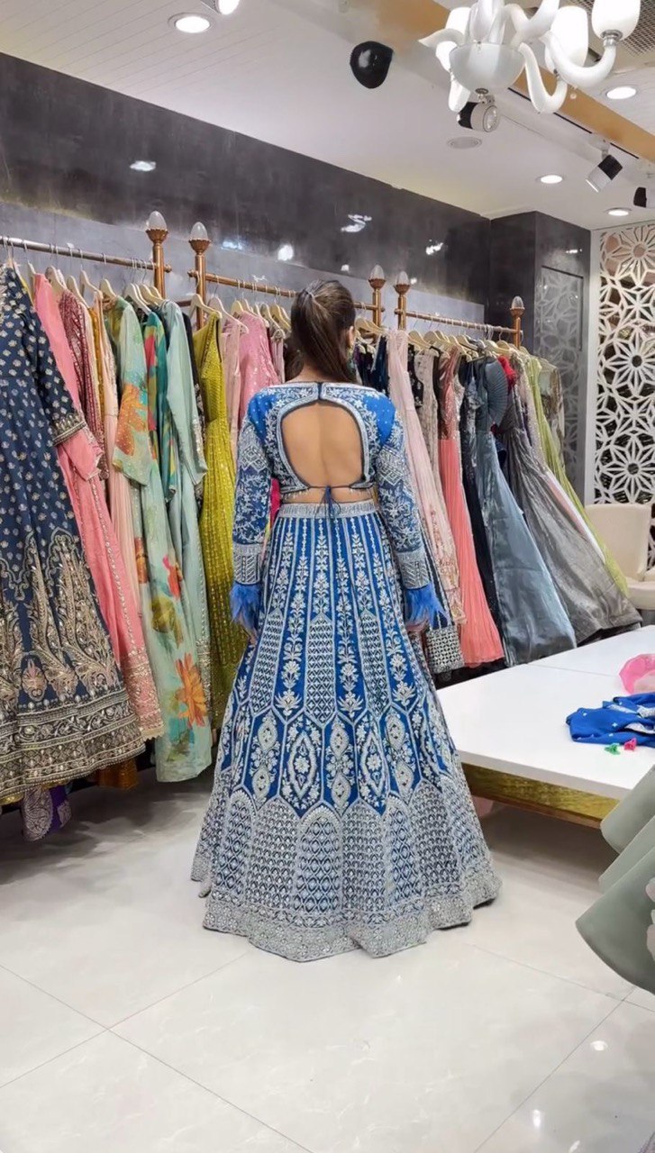 Teal Blue Stunning Faux Georgette Semi-Stitched Lehenga Choli Set with Cording Dori & Sequin Work ClothsVilla