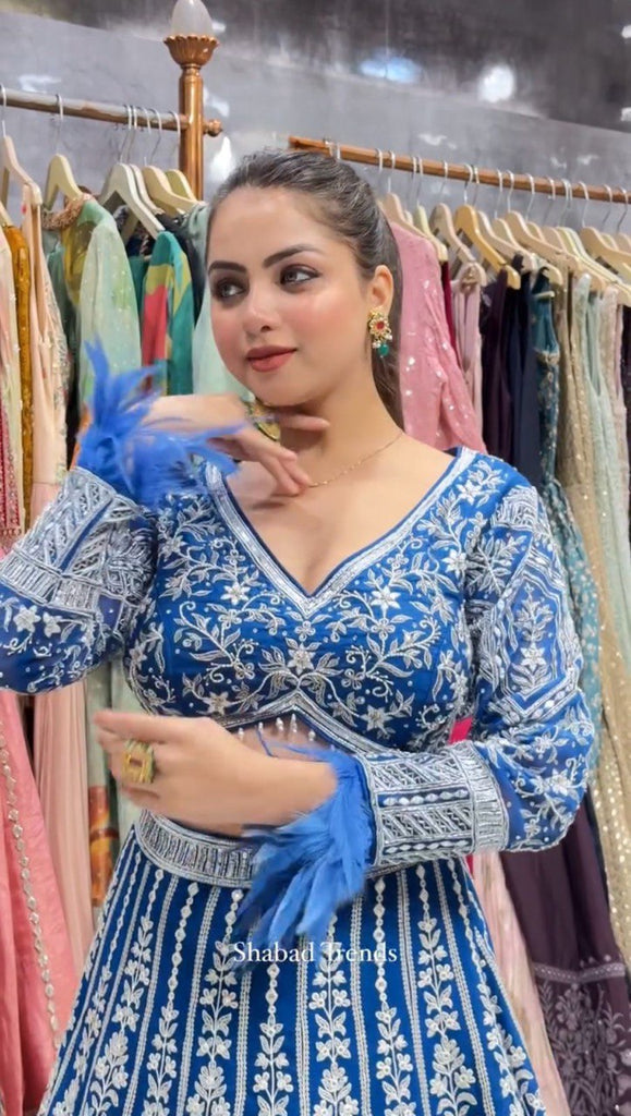 Teal Blue Stunning Faux Georgette Semi-Stitched Lehenga Choli Set with Cording Dori & Sequin Work ClothsVilla