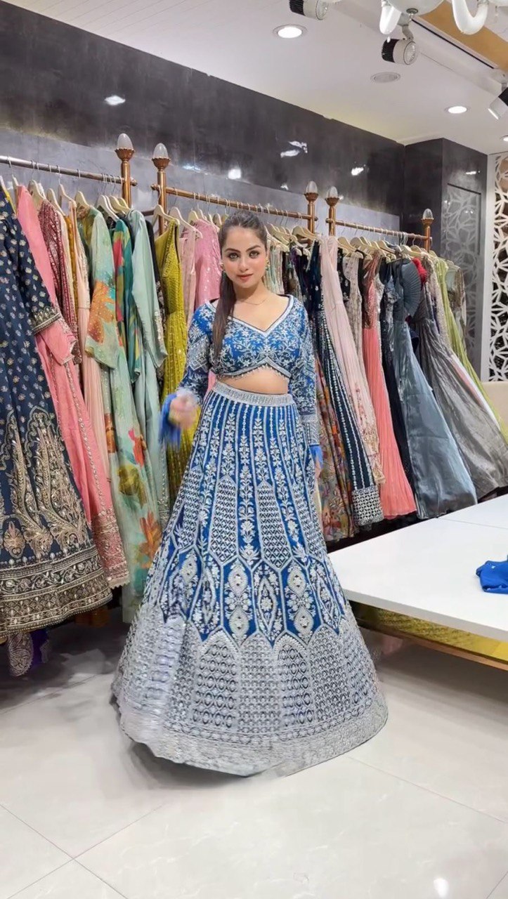 Teal Blue Stunning Faux Georgette Semi-Stitched Lehenga Choli Set with Cording Dori & Sequin Work ClothsVilla