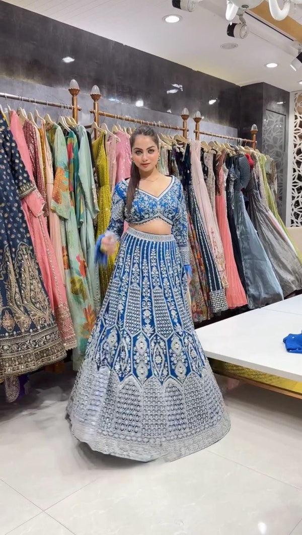 Teal Blue Stunning Faux Georgette Semi-Stitched Lehenga Choli Set with Cording Dori & Sequin Work ClothsVilla