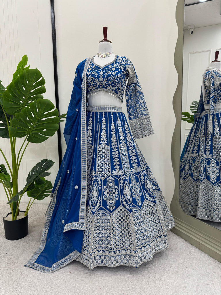 Teal Blue Stunning Faux Georgette Semi-Stitched Lehenga Choli Set with Cording Dori & Sequin Work ClothsVilla