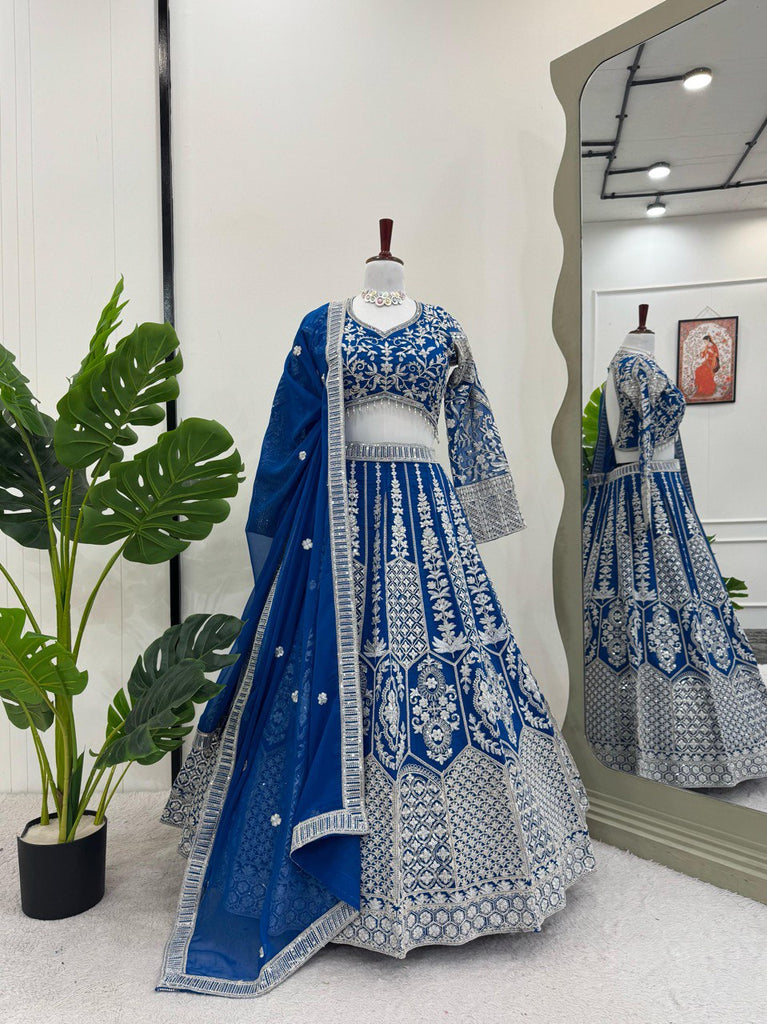 Teal Blue Stunning Faux Georgette Semi-Stitched Lehenga Choli Set with Cording Dori & Sequin Work ClothsVilla