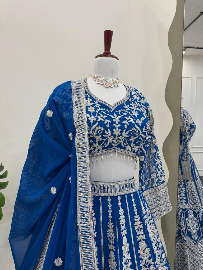 Teal Blue Stunning Faux Georgette Semi-Stitched Lehenga Choli Set with Cording Dori & Sequin Work ClothsVilla