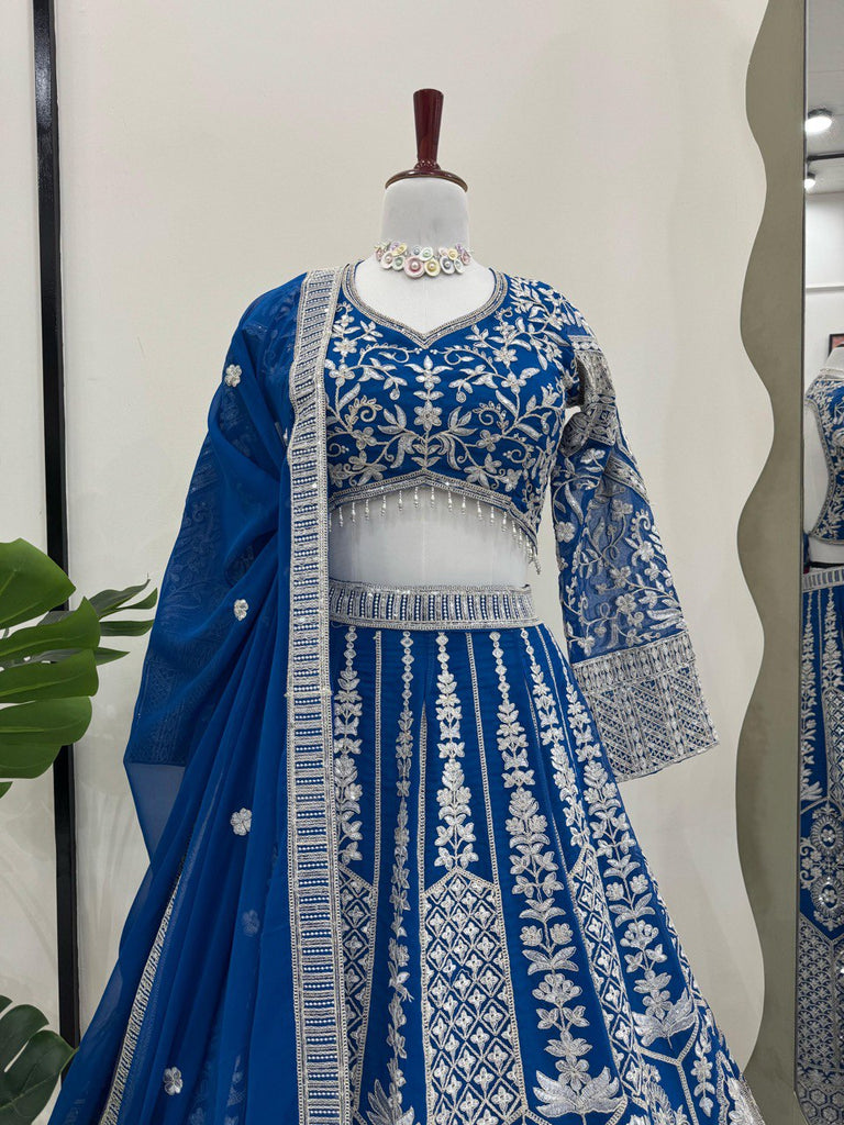 Teal Blue Stunning Faux Georgette Semi-Stitched Lehenga Choli Set with Cording Dori & Sequin Work ClothsVilla