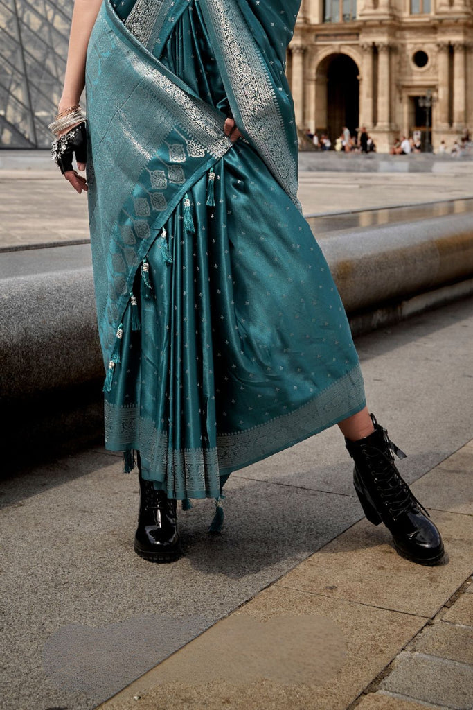 Teal Blue Traditional Woven Satin Silk Blend Saree with Blouse Piece – Festive & Partywear ClothsVilla