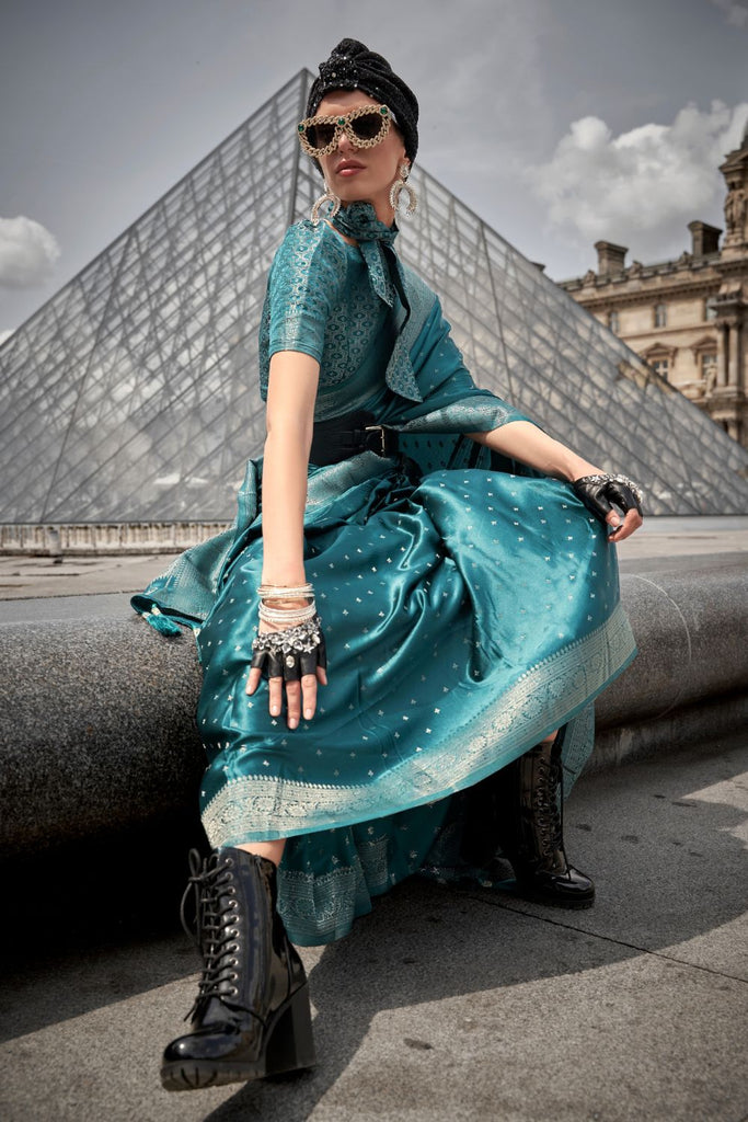 Teal Blue Traditional Woven Satin Silk Blend Saree with Blouse Piece – Festive & Partywear ClothsVilla