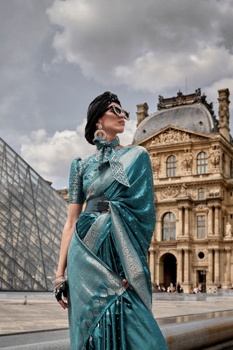 Teal Blue Traditional Woven Satin Silk Blend Saree with Blouse Piece – Festive & Partywear ClothsVilla