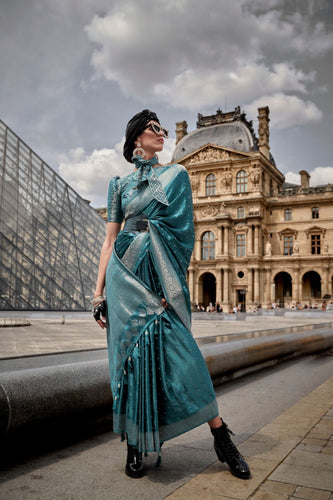 Teal Blue Traditional Woven Satin Silk Blend Saree with Blouse Piece – Festive & Partywear ClothsVilla