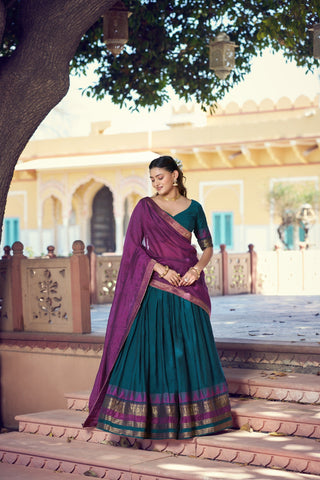 Teal Blue Zari Border Lehenga Choli ClothsVilla