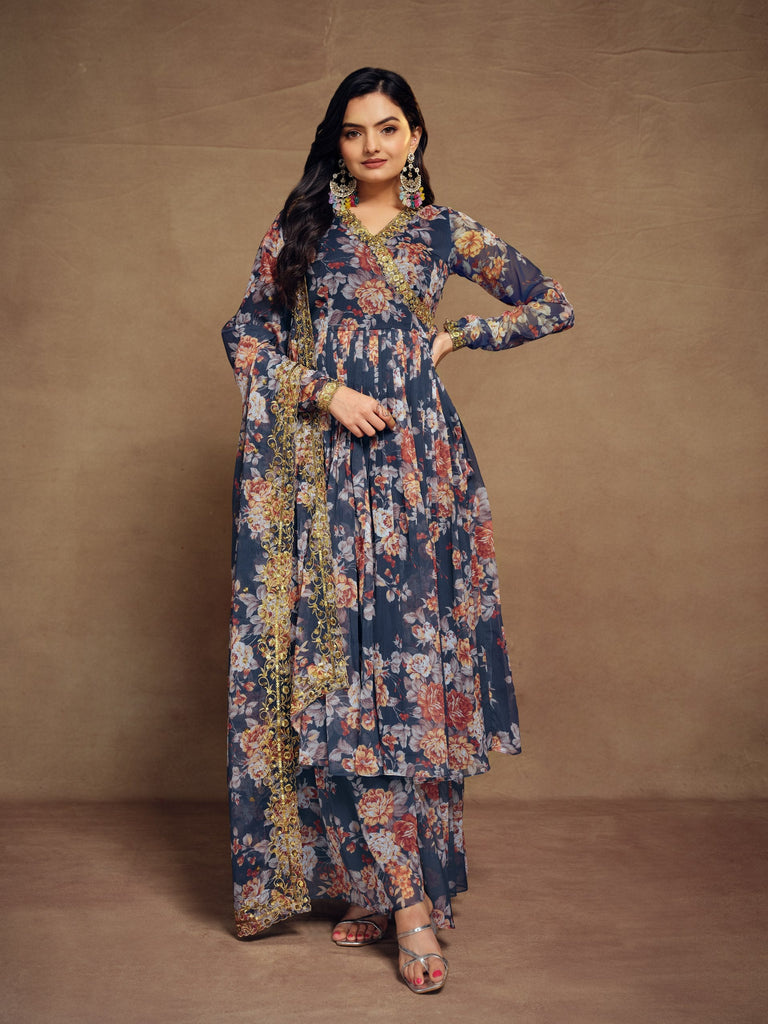 Teal Chiffon Printed Zari Work Sequence Suit with Palazzo and Dupatta ClothsVilla