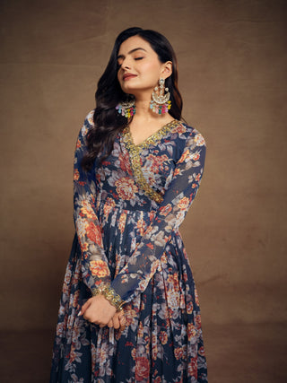 Teal Chiffon Printed Zari Work Sequence Suit with Palazzo and Dupatta ClothsVilla
