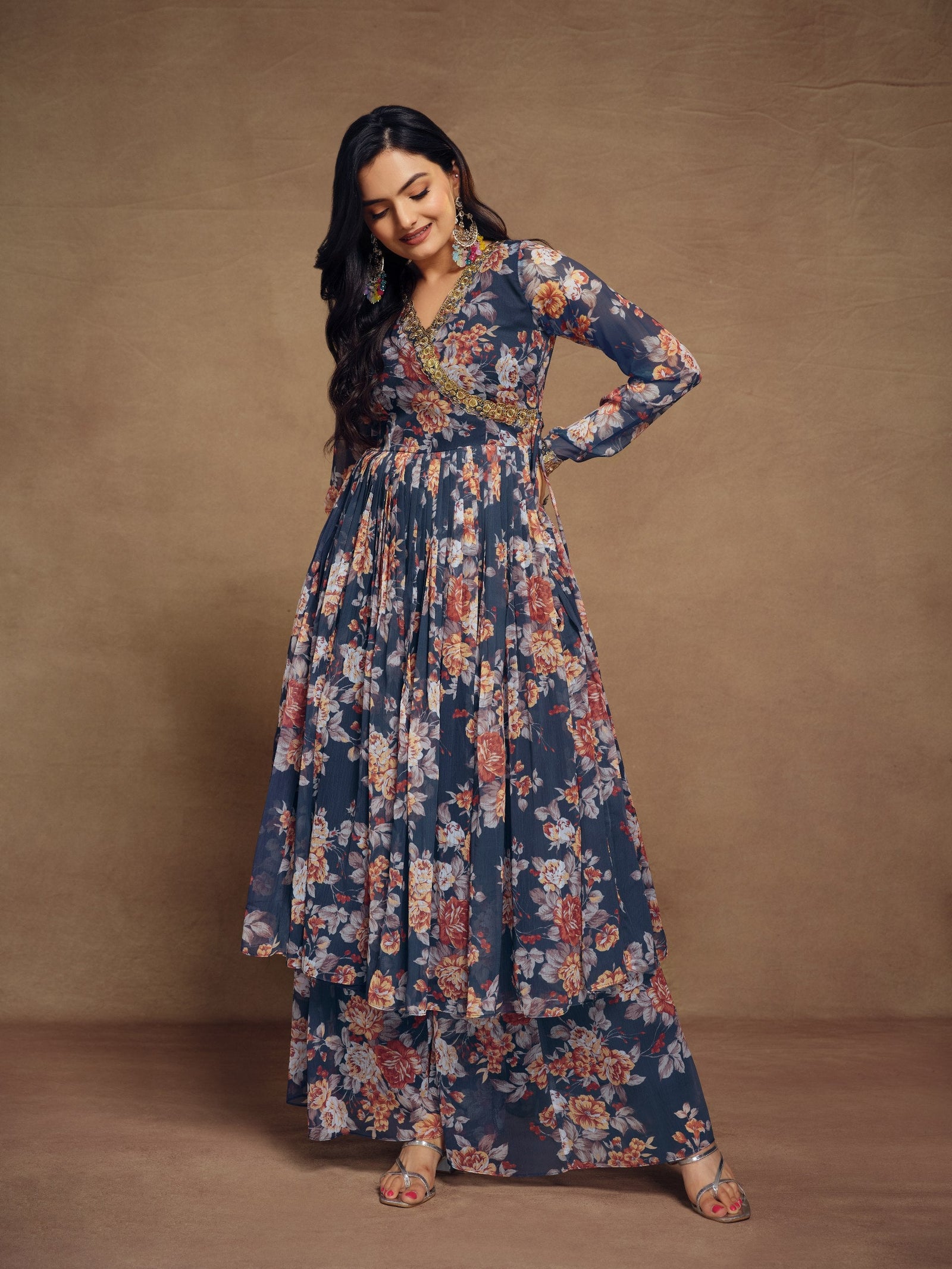 Teal Chiffon Printed Zari Work Sequence Suit with Palazzo and Dupatta ClothsVilla
