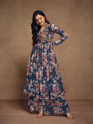 Teal Chiffon Printed Zari Work Sequence Suit with Palazzo and Dupatta ClothsVilla