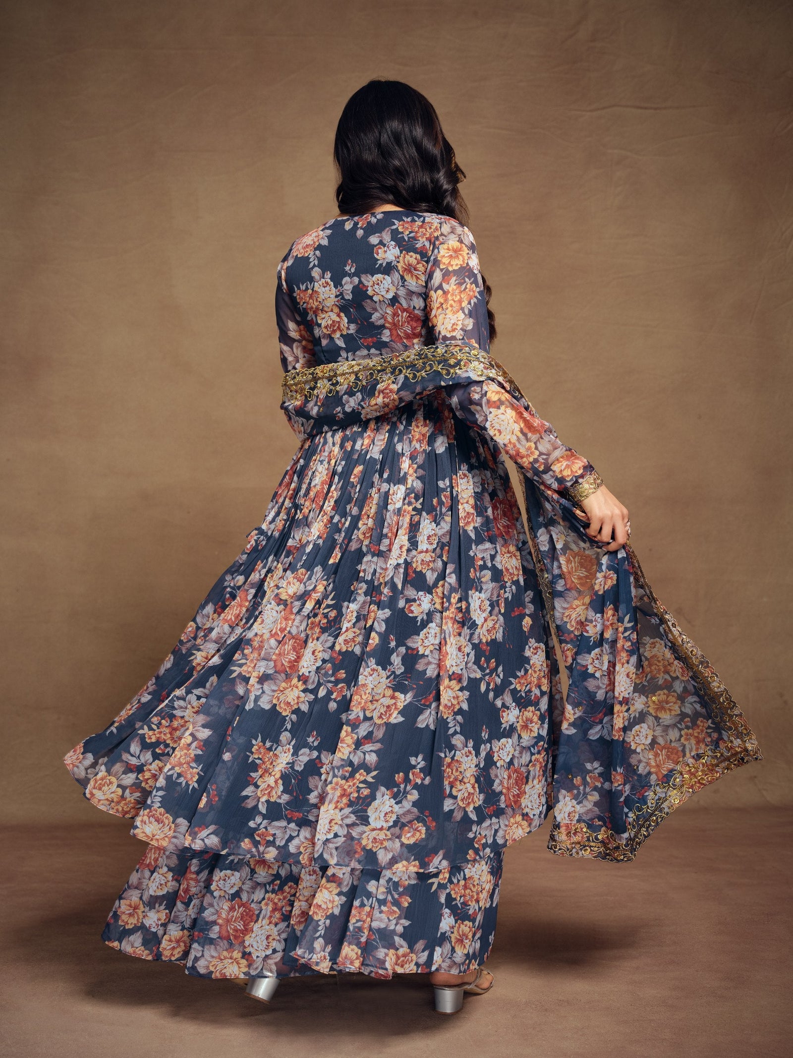 Teal Chiffon Printed Zari Work Sequence Suit with Palazzo and Dupatta ClothsVilla