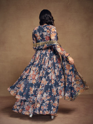 Teal Chiffon Printed Zari Work Sequence Suit with Palazzo and Dupatta ClothsVilla