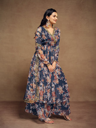 Teal Chiffon Printed Zari Work Sequence Suit with Palazzo and Dupatta ClothsVilla