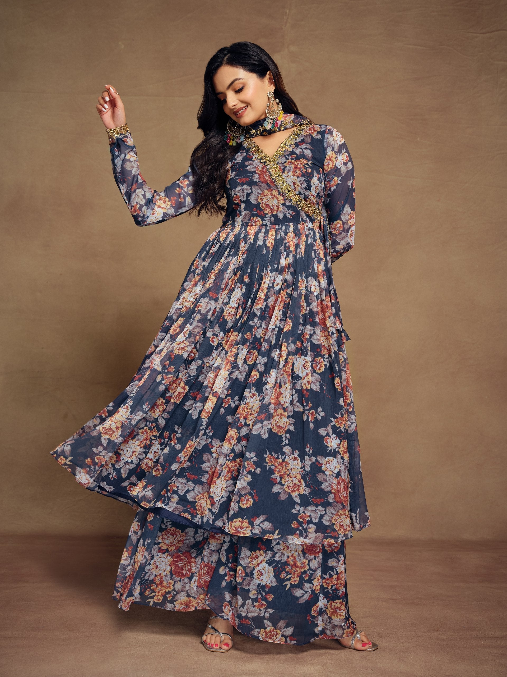 Teal Chiffon Printed Zari Work Sequence Suit with Palazzo and Dupatta ClothsVilla