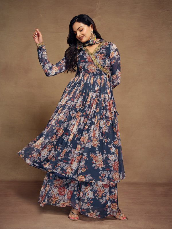 Teal Chiffon Printed Zari Work Sequence Suit with Palazzo and Dupatta ClothsVilla