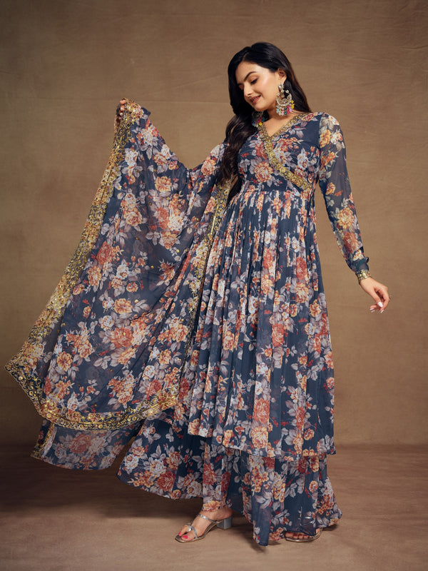 Teal Chiffon Printed Zari Work Sequence Suit with Palazzo and Dupatta ClothsVilla