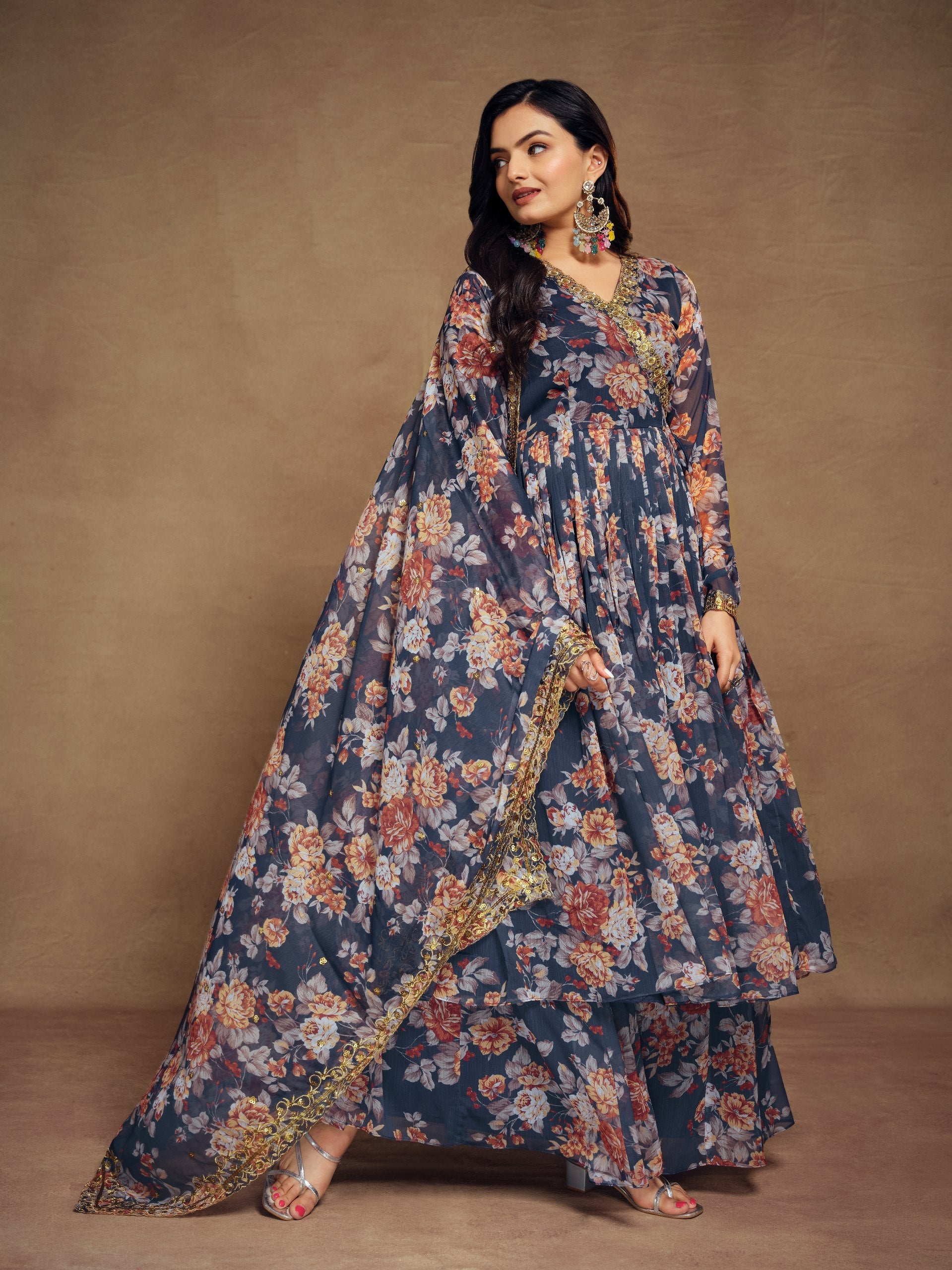 Teal Chiffon Printed Zari Work Sequence Suit with Palazzo and Dupatta ClothsVilla