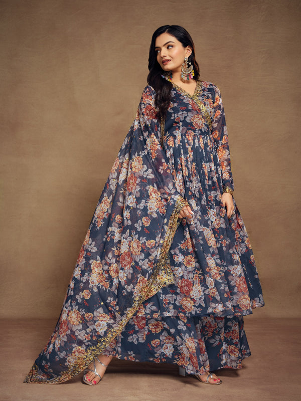 Teal Chiffon Printed Zari Work Sequence Suit with Palazzo and Dupatta ClothsVilla