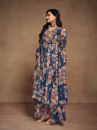 Teal Chiffon Printed Zari Work Sequence Suit with Palazzo and Dupatta ClothsVilla