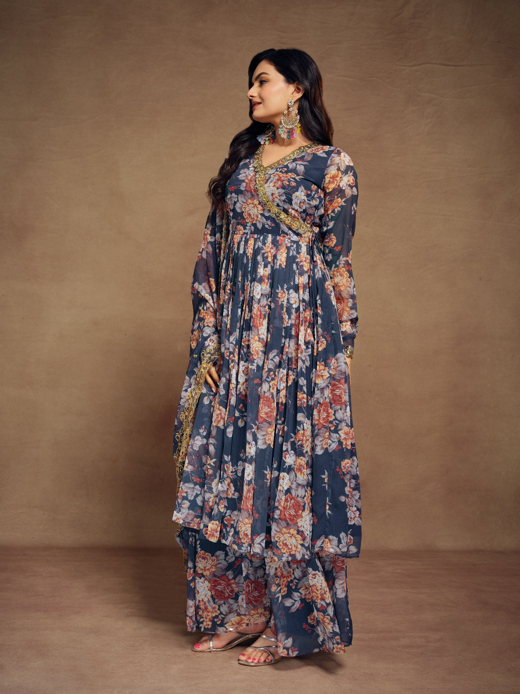 Teal Chiffon Printed Zari Work Sequence Suit with Palazzo and Dupatta ClothsVilla