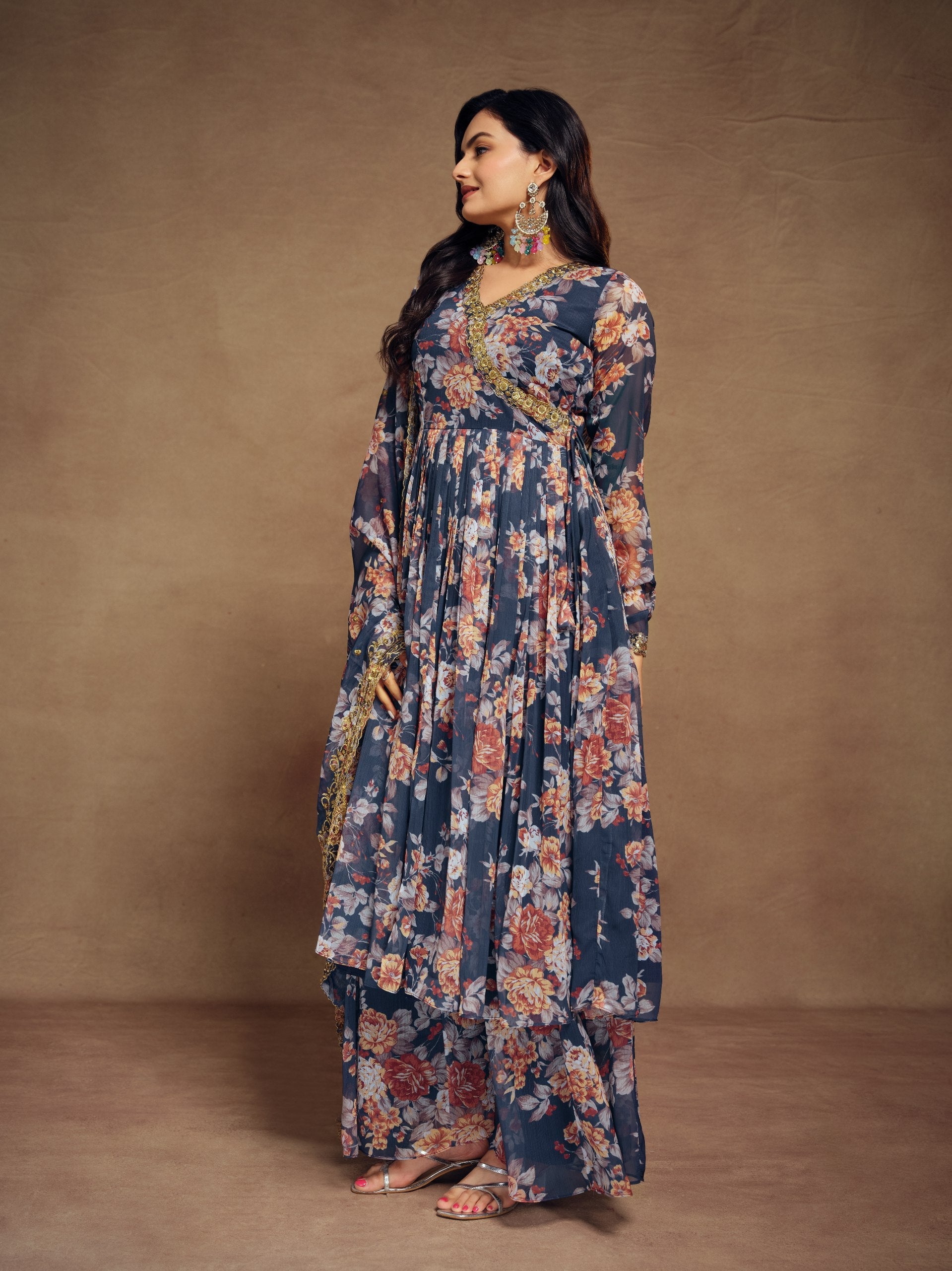 Teal Chiffon Printed Zari Work Sequence Suit with Palazzo and Dupatta ClothsVilla
