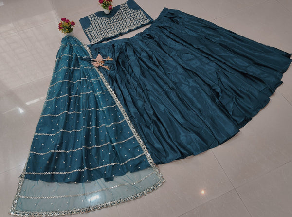 Teal Chinon Silk Sequin Lehenga ClothsVilla