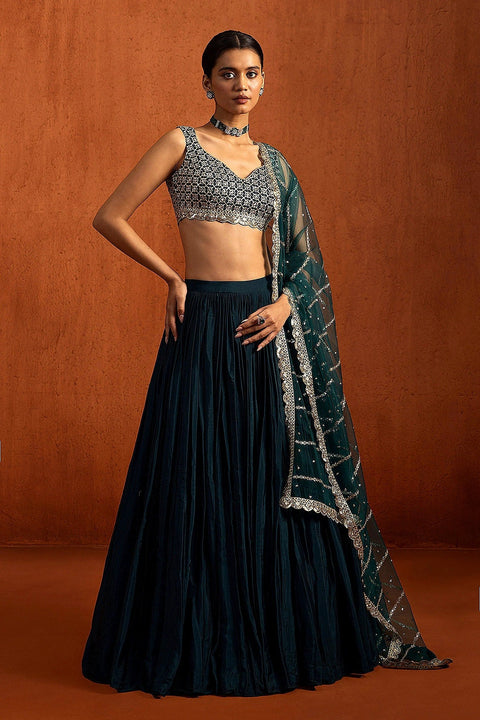 Teal Chinon Silk Sequin Lehenga ClothsVilla Main image