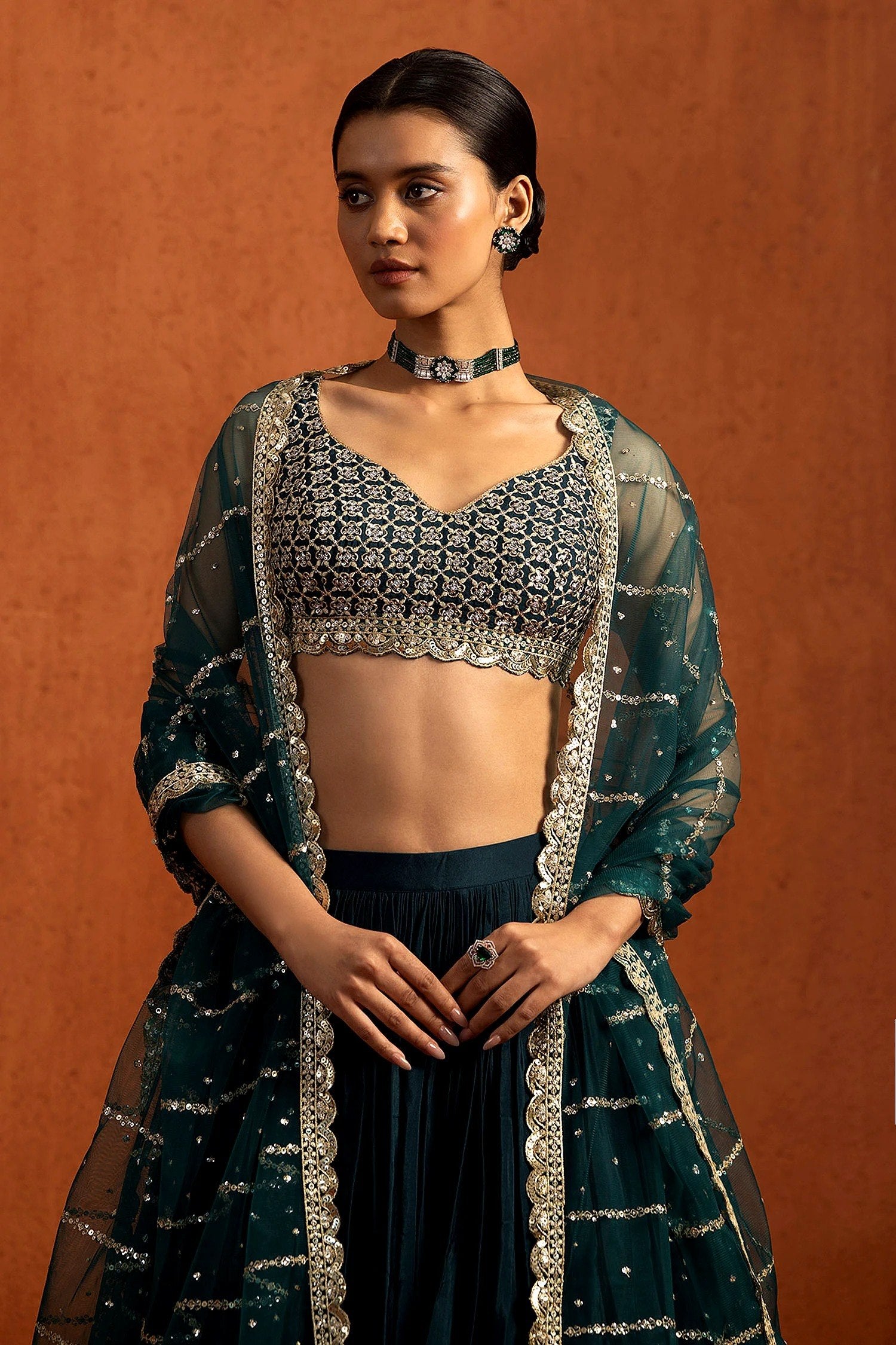 Teal Chinon Silk Sequin Lehenga ClothsVilla