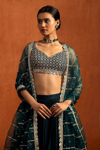 Teal Chinon Silk Sequin Lehenga ClothsVilla