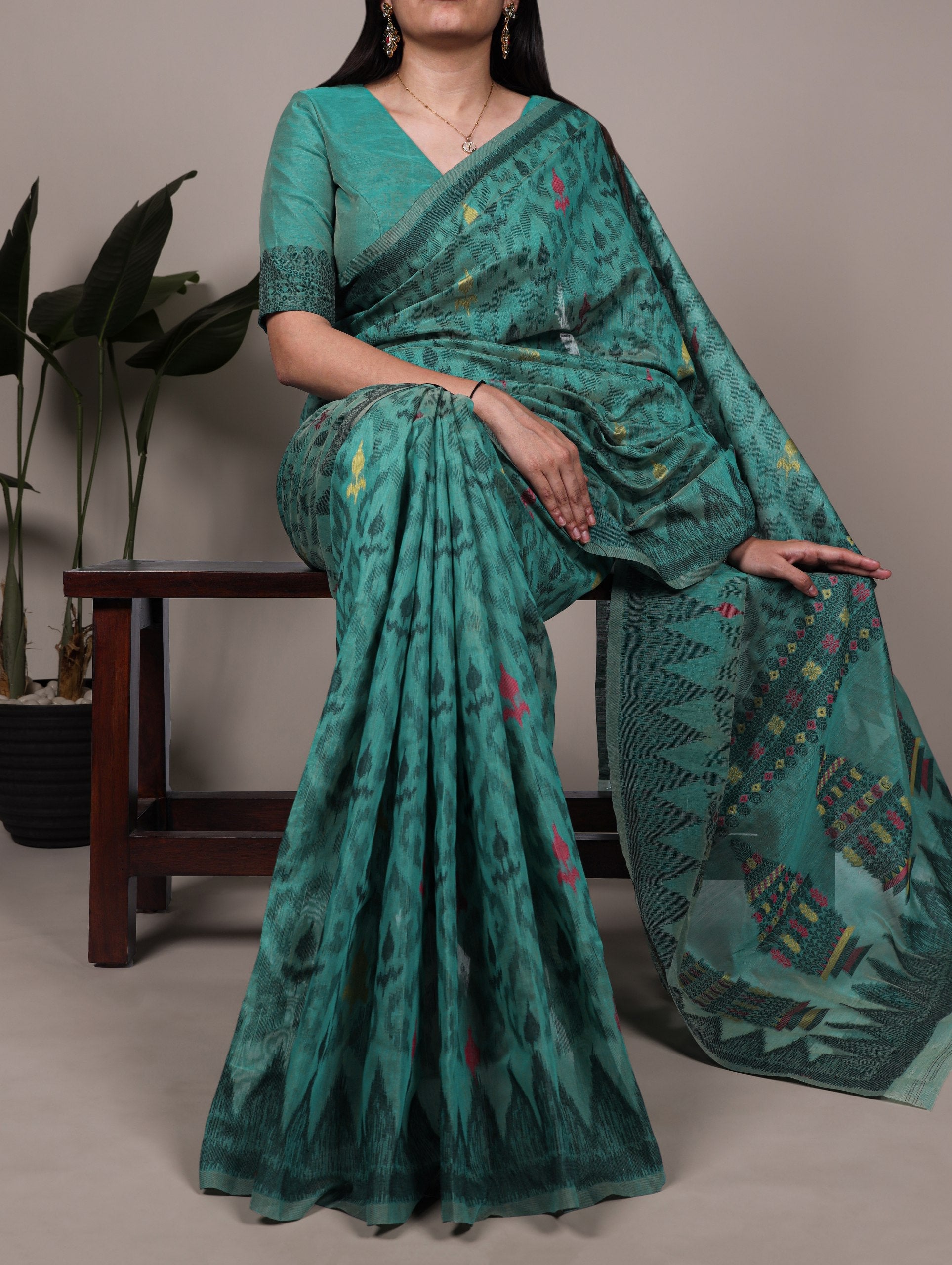 Teal Classic Poly Cotton Saree with Intricate Thread Weaving Work – Lightweight Everyday & Occasion Wear Unstitched Blouse Included ClothsVilla Main image