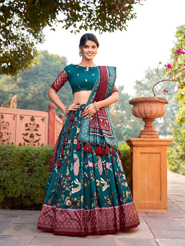 Teal Color Mesmerize in Dola Silk Elegance Printed Lehenga Choli Set with Foil Work & Minakari ClothsVilla