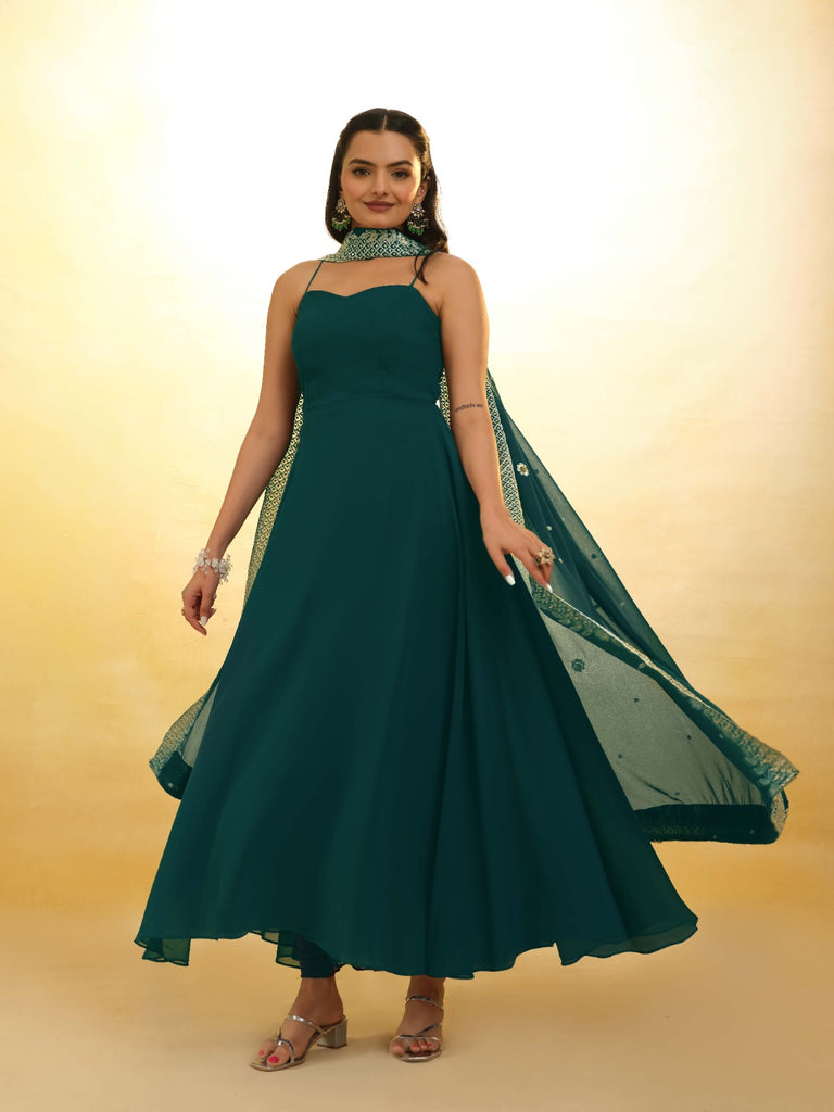 Teal Color Stylish Turquoise Georgette Dress with Embroidery – Ready to Wear ClothsVilla