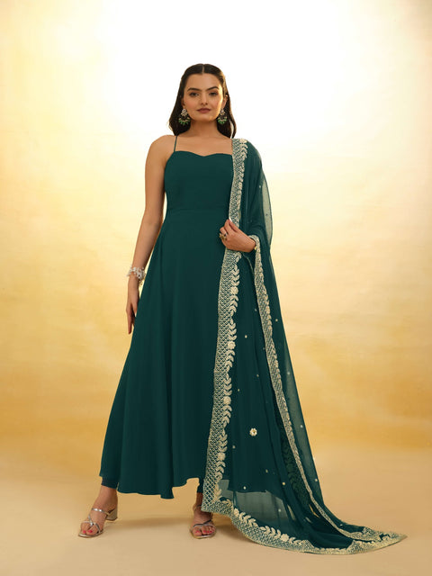 Teal Color Stylish Turquoise Georgette Dress with Embroidery – Ready to Wear ClothsVilla Main image