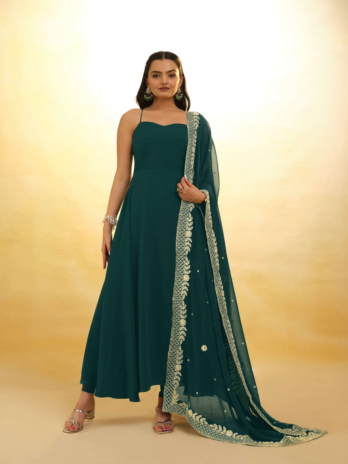 Teal Color Stylish Turquoise Georgette Dress with Embroidery – Ready to Wear