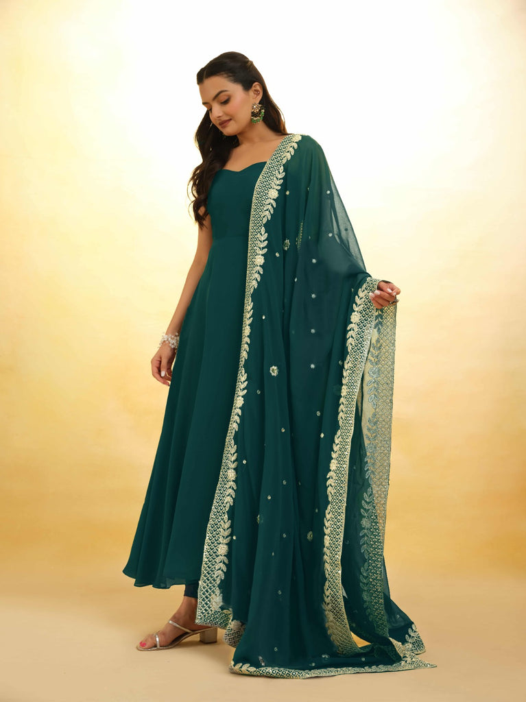 Teal Color Stylish Turquoise Georgette Dress with Embroidery – Ready to Wear ClothsVilla