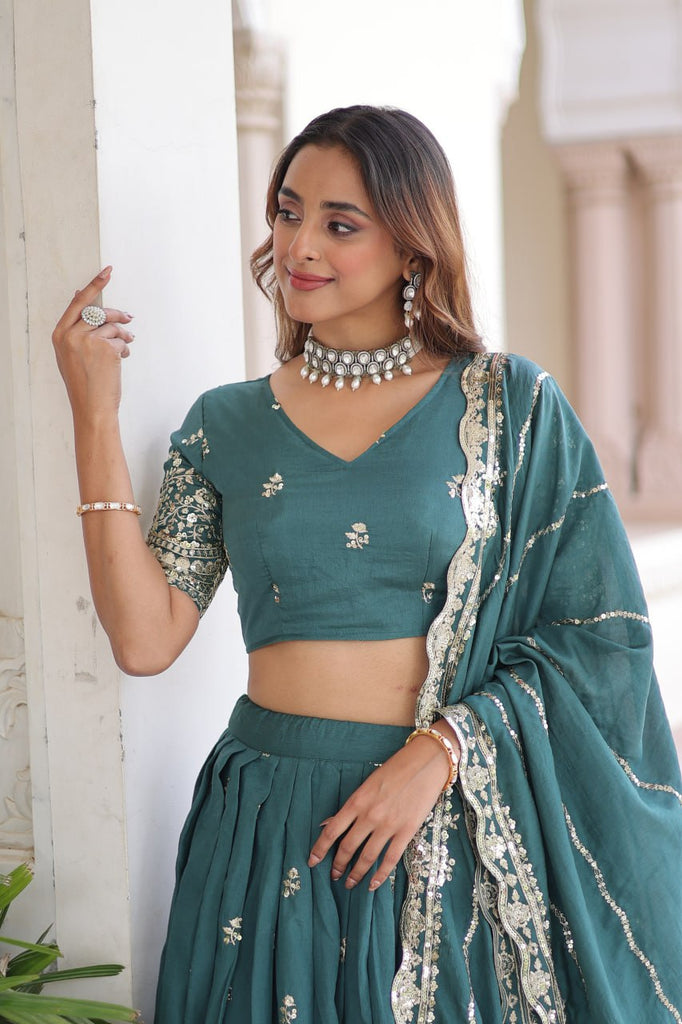 Teal Colour Premium Vichitra Silk Sequins & Zari Multi-Embroidered Lehenga Choli Set ClothsVilla